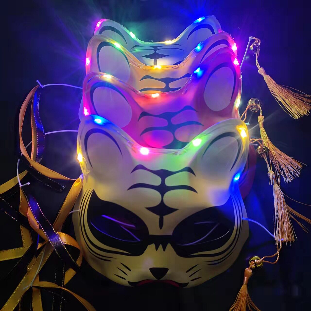 新款发光老虎面具搞怪舞会面罩地摊夜市狐狸猫虎头面具带灯