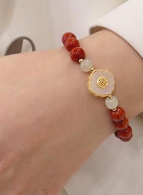 手链红手串天然女南福玛瑙和田小众玉牌银福字转运招财本命年s925