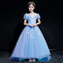 Childrens Gown Princess Dress 2022 Springgirl Girl Little Host Performance Blue Trailing Model Walking Show Evening Dress