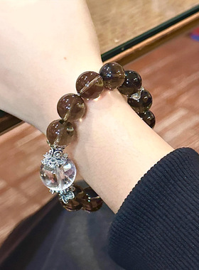 天然茶水晶12mm单圈手串搭配白水