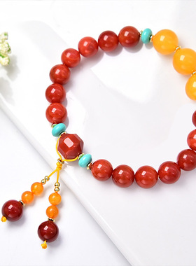 民族风南红玛瑙8MM配蜜蜡手链女