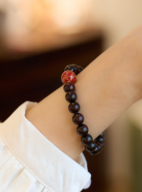 天然小叶紫檀红色大漆珠手链串珠