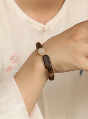 天然沉香8*8mm单圈手链搭配藕粉
