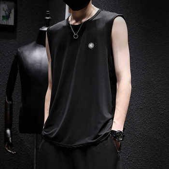 Summer trendy brand ice silk sleeveless t-shirt men's waistcoat men's sports fitness quick-drying sweat sweat vest loose large size loose