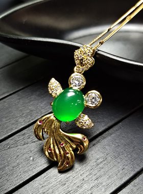 24k古法镀金天然冰彩绿玛瑙玉髓镶嵌小金鱼锁骨项链吊坠挂件玉坠