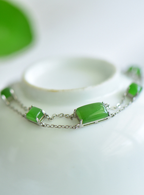 s925银和田玉碧玉方形玉石手链时尚百搭女款手串手链配饰礼品