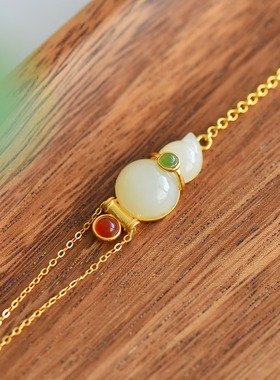 s925银和田玉新款白玉福禄手链时尚百搭百搭多宝手串配饰礼品