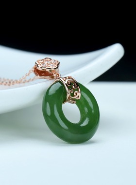 S925银和田玉碧玉菠菜绿平安环玉石吊坠挂件时尚女款玉坠项链