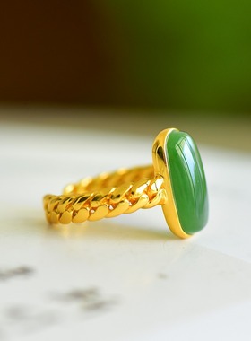 s925银镶嵌新疆和田玉碧玉桥形戒指指环时尚女款玉石戒圈饰品