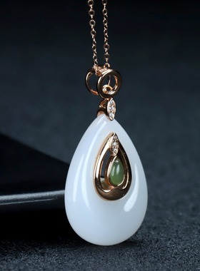 S925银和田玉白玉镂空水滴吊坠项链挂件时尚气质女玉坠锁骨链