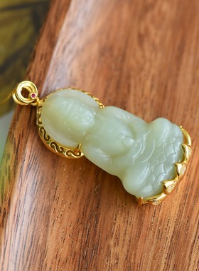 S925古法银镶和田玉且末蓝观音牌玉石吊坠玉坠项链男女款挂件