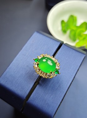 天然冰彩帝王绿玉髓镶嵌豪华满钻戒指简约时尚百搭女指环戒圈饰品