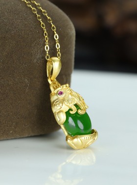 S925银古法镶嵌和田玉碧玉纳财貔貅玉石吊坠挂件时尚玉坠项链