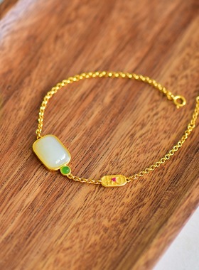 s925银新疆和田玉白玉方形平安牌时尚百搭女款手串手链配饰品