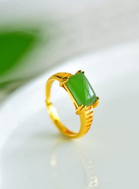 s925银镶嵌新疆和田玉碧玉方形时尚男女款玉戒指简约指环饰品