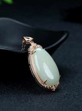 S925银和田玉羊脂白玉蛋形玉石吊坠挂件时尚气质女款玉坠项链
