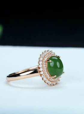 s925银镶嵌新疆和田玉碧玉蛋形戒指简约时尚女款指环戒圈饰品