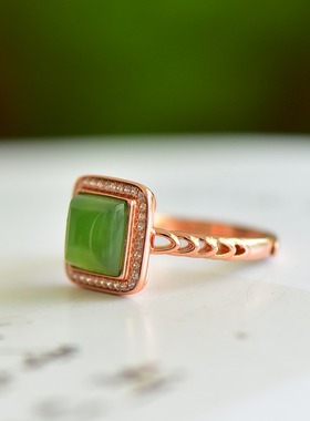 s925银镶嵌新疆和田玉碧玉小方糖形戒指简约时尚指环戒圈饰品