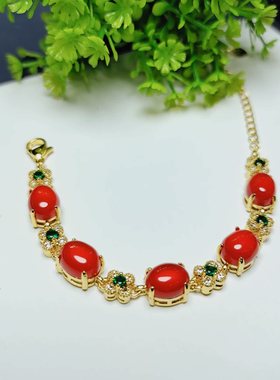 天然冰种玉髓镶嵌红色四叶草女款手链手串时尚简约百搭手饰品