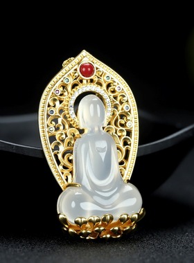 古法镶嵌高冰种玉髓观音玉石吊坠悟道无相佛挂件时尚女项链毛衣链