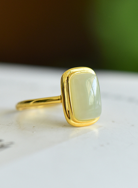 s925银镶嵌和田玉且末蓝方形戒指女款简约时尚百搭款指环饰品