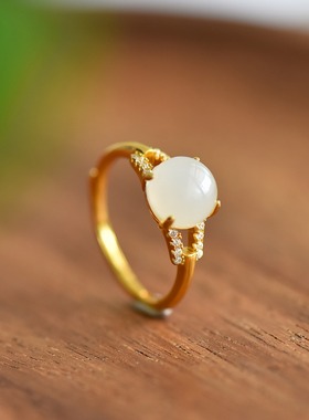s925银镶嵌新疆和田玉白玉蛋面时尚简约玉戒指女指环戒圈饰品
