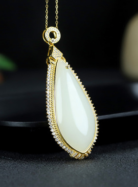 S925银和田玉羊脂白玉水滴玉石吊坠挂件时尚气质女款玉坠项链
