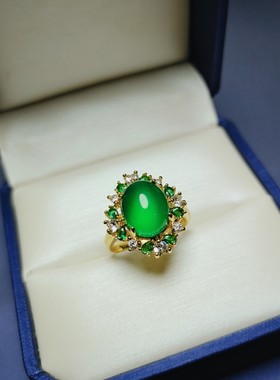 天然高冰彩帝王绿玉髓豪华镶嵌玛瑙戒指简约时尚指环戒圈百搭饰品