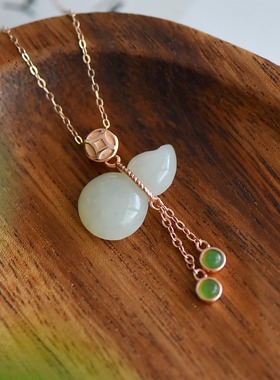 S925银和田玉白玉金钱葫芦玉石吊坠挂件时尚气质福禄玉坠项链