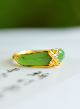 s925银镶嵌新疆和田玉碧玉月牙戒指指环简约时尚女款戒圈饰品
