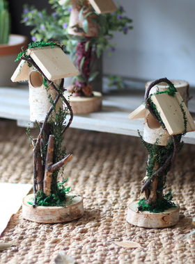 晚萤白桦木小房子装饰摆件花园