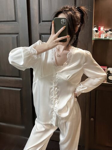 维多真丝密睡衣套装女V领蕾丝公主风甜美花边蚕丝家居服网红薄款 - 图1