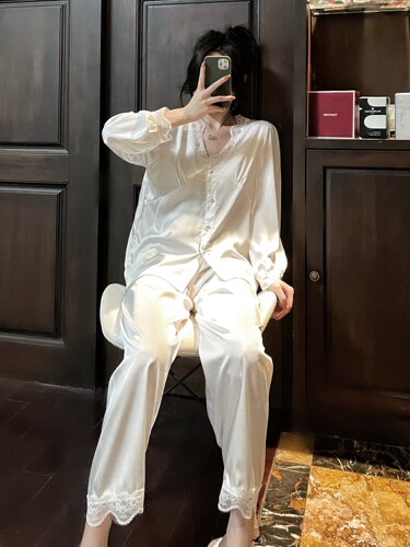 维多真丝密睡衣套装女V领蕾丝公主风甜美花边蚕丝家居服网红薄款 - 图3
