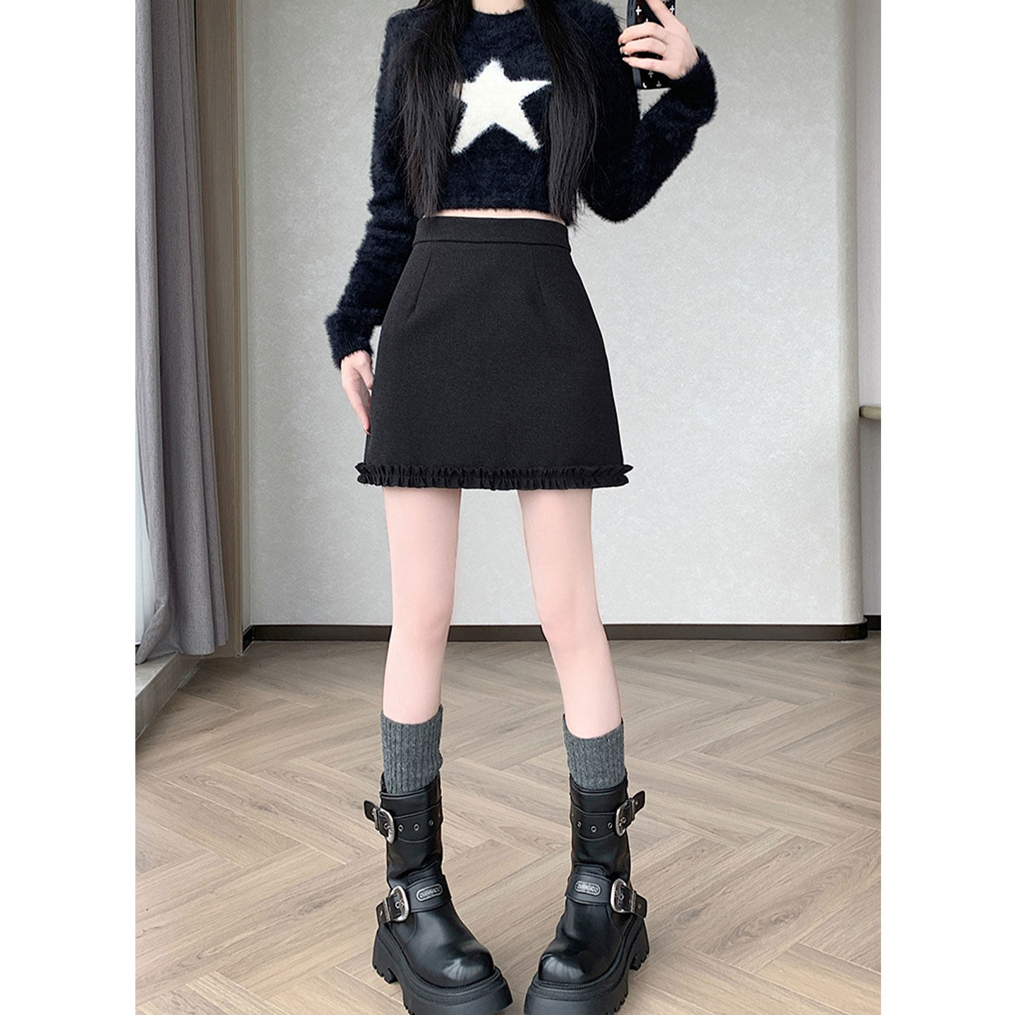 2026春季新款简约甜美木耳边毛呢半身裙超好看冬裙灰色包臀短裙子,淘宝优惠券,粉丝福利购,淘宝优惠卷