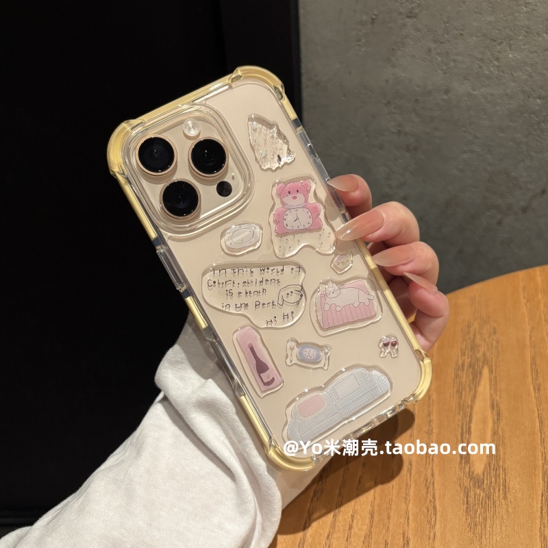 创意diy立体小熊贴纸适用iphone16手机壳新款苹果17PRO全包保护套15promax亚克力四角气囊14/13软边plus防摔 - 图1
