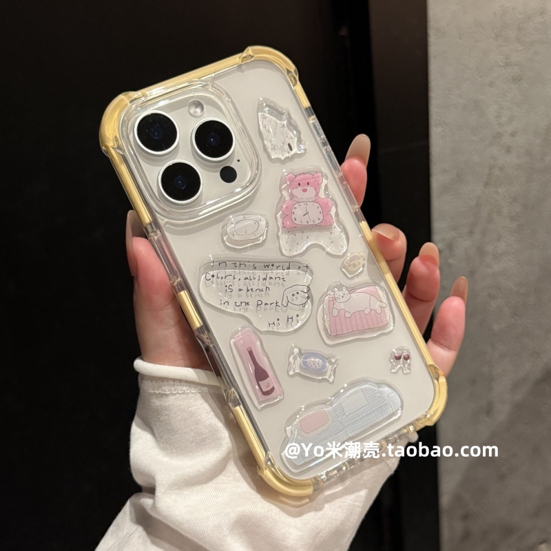 创意diy立体小熊贴纸适用iphone16手机壳新款苹果17PRO全包保护套15promax亚克力四角气囊14/13软边plus防摔 - 图2