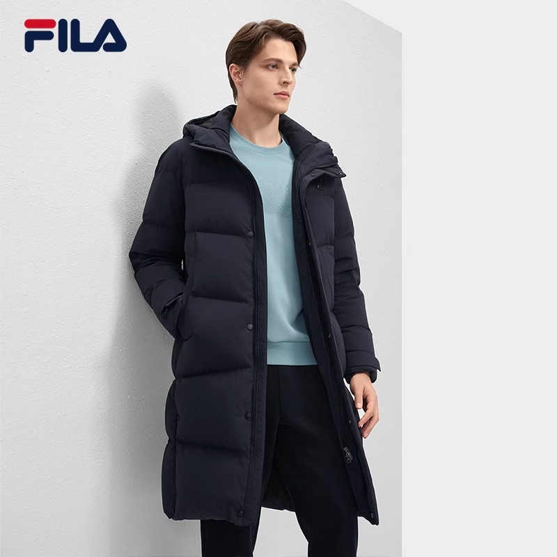 FILA 斐乐官方男士长款羽绒服2024冬季新款休闲基础保暖连帽外套