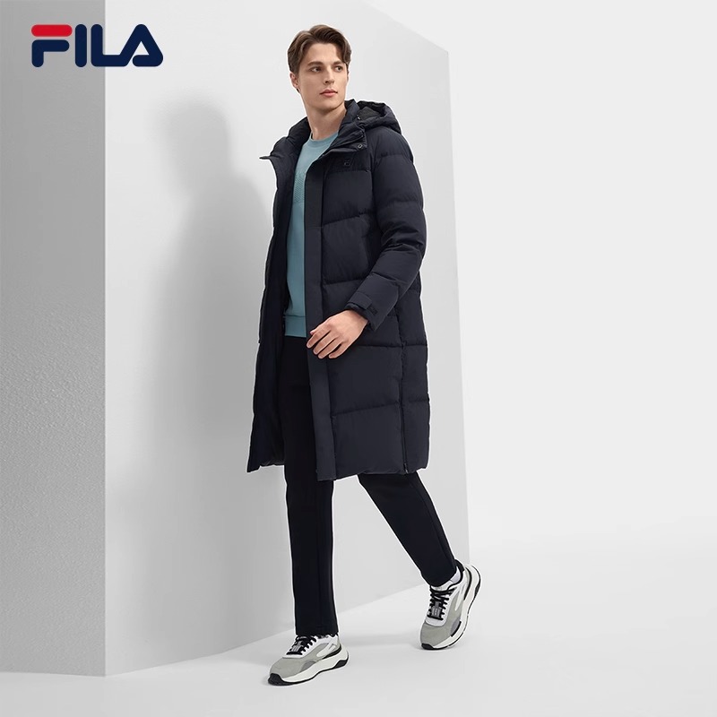FILA 斐乐官方男士长款羽绒服2024冬季新款休闲基础保暖连帽外套