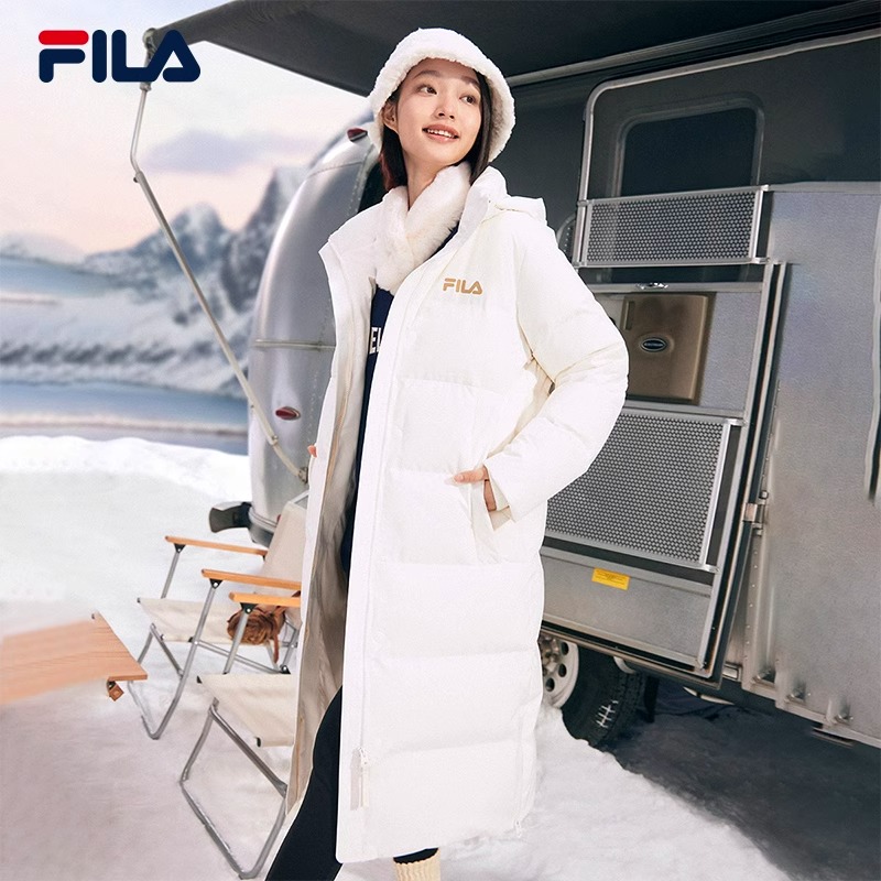 FILA斐乐官方过膝长款女士羽绒服2024年休闲时尚保暖连帽厚款外套