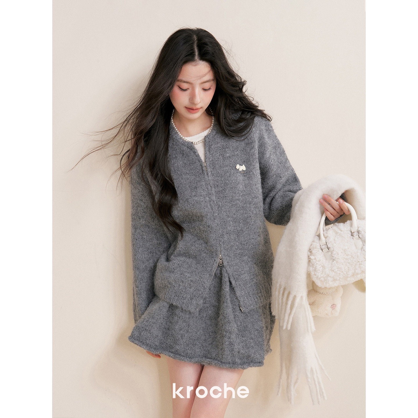 Kroche 冬日暖灰 双拉链 羊毛混纺 植绒小狗毛衣半身裙套装,淘宝优惠券,粉丝福利购,淘宝优惠卷