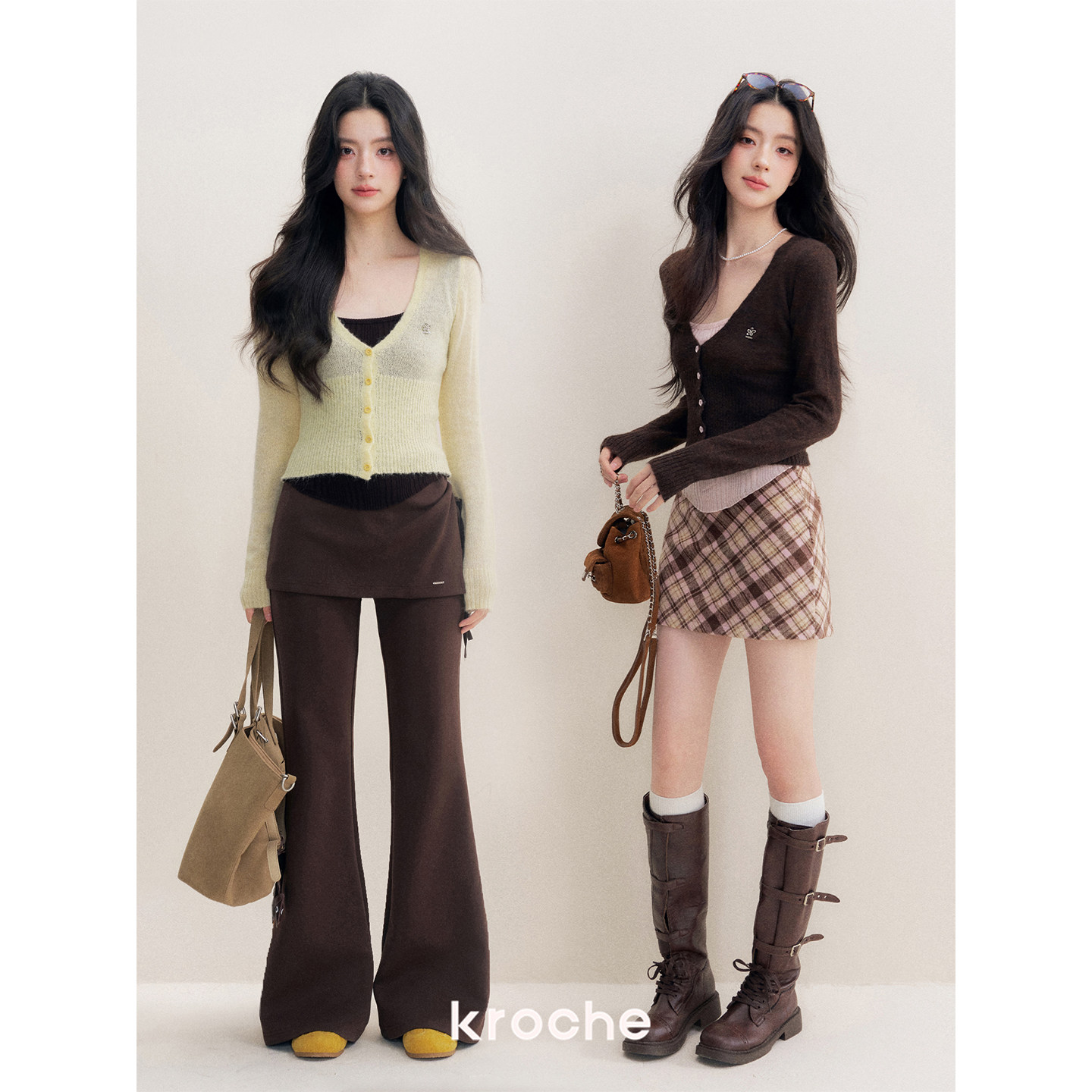 Kroche 25aw 浪漫法式 羊毛混纺 花朵扣撞色V领假两件针织衫打底