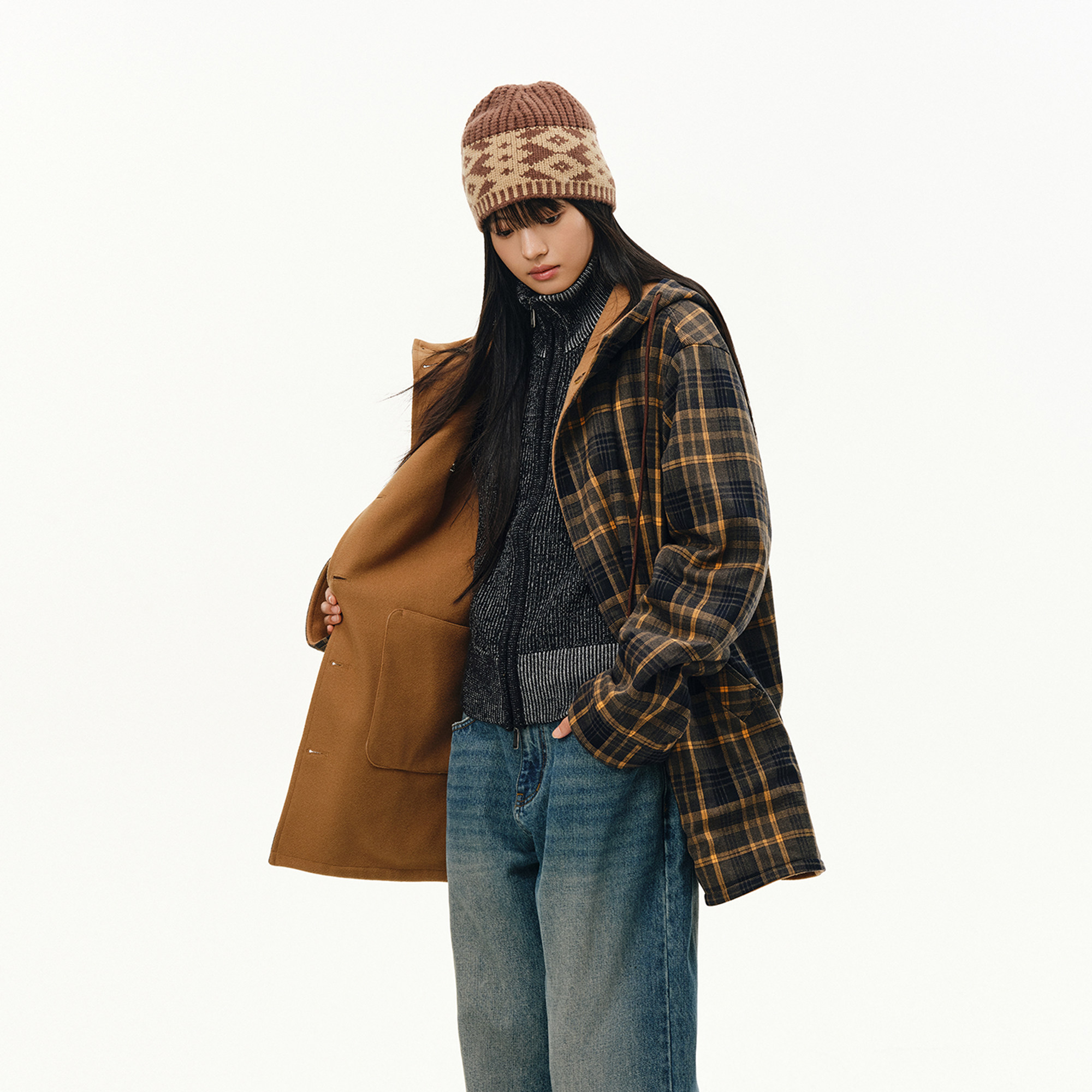 ATRY格纹双面穿毛呢大衣男秋冬保暖复古设计感中长款毛呢连帽外套,淘宝优惠券,粉丝福利购,淘宝优惠卷