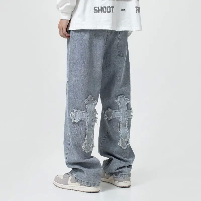 Fashion Trousers Cross Denim Pants Streetwear Hip Hop Low Ri - 图0