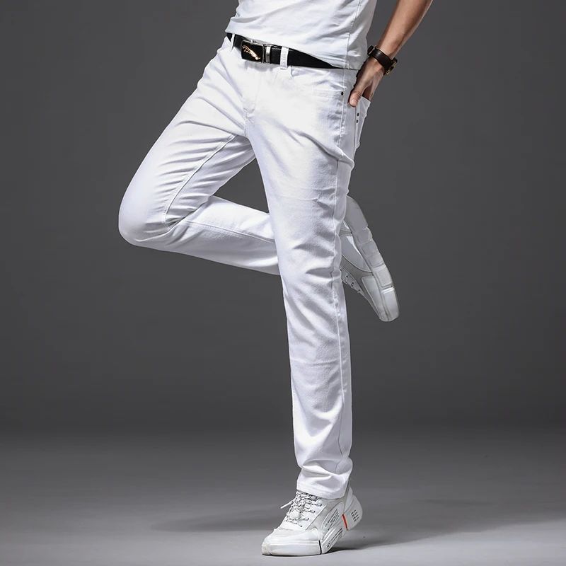 Men White Jeans Fashion Casual Classic Style Slim Fit Soft T-图2