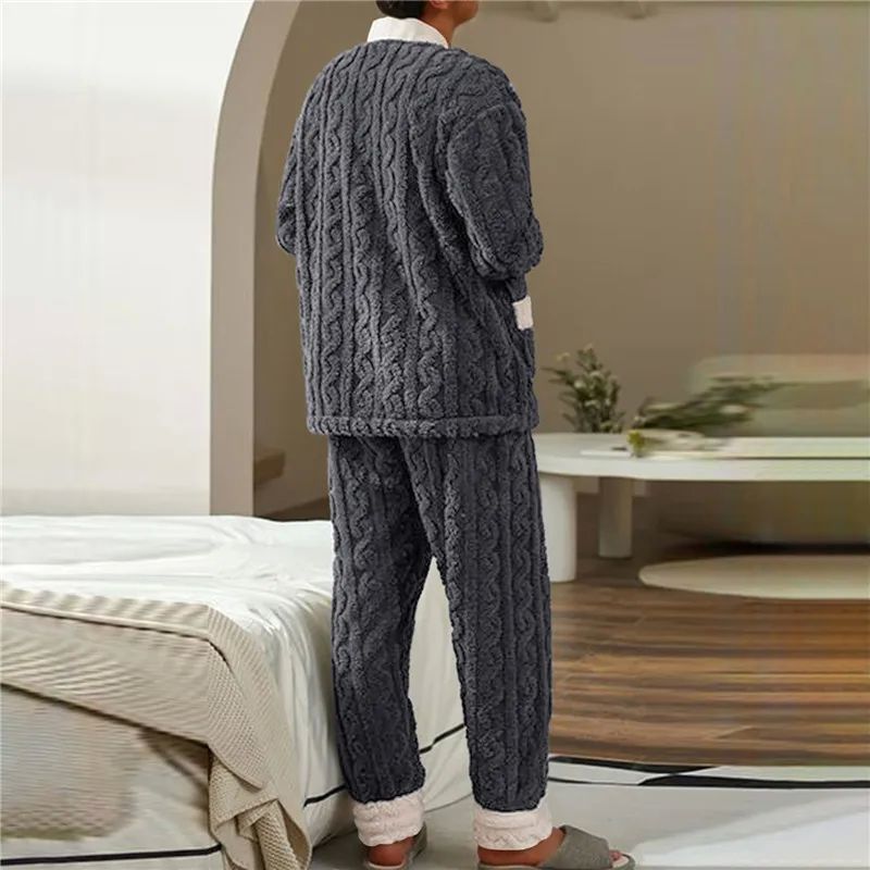 2024 New Men Winter Warm Flannel Pajamas Set V-neck Fluffy C - 图2