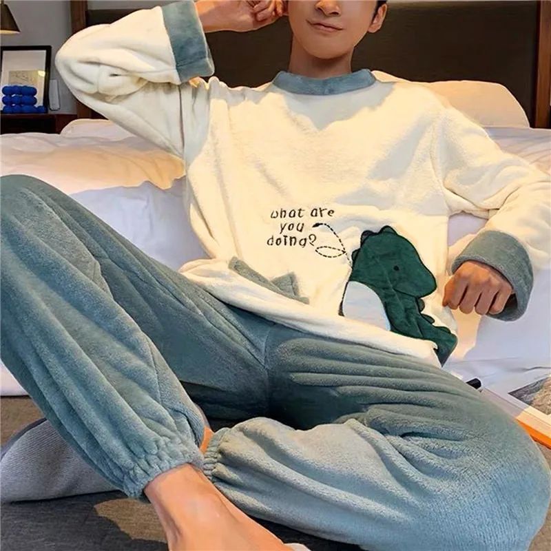 Men Winter Warm Flannel Pajama Set Long Sleeve Thick For Men - 图2
