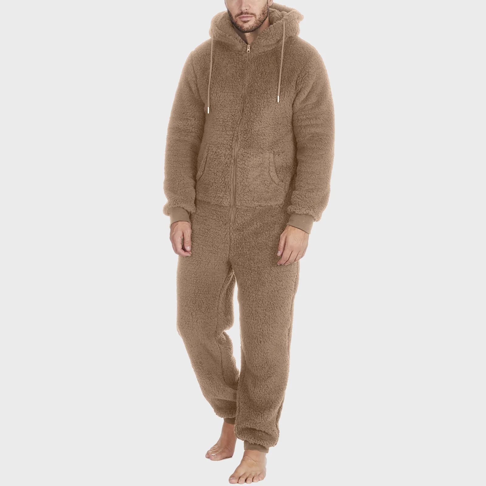 Men Plush Teddy Fleece Pajamas Winter Warm Hoodies Bodysuit-图0