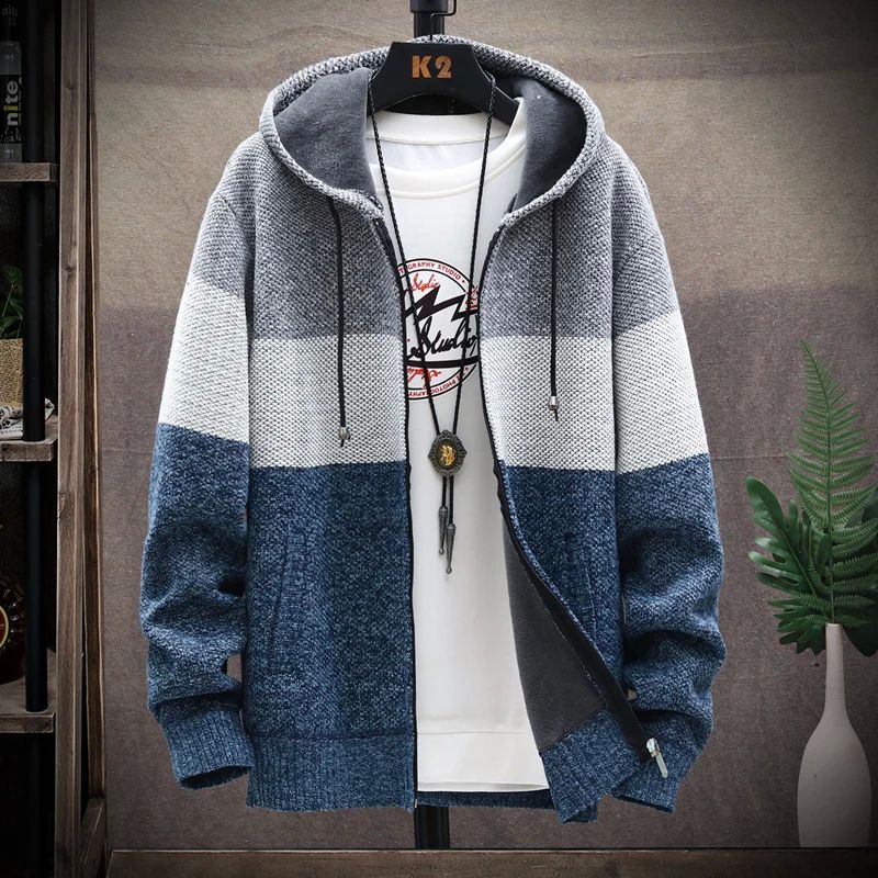 Winter Men Sweater Add Velvet Cardigan Patchwork Color Stand - 图2