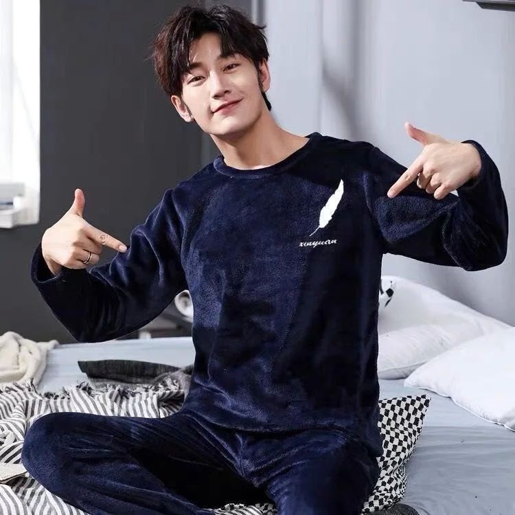 Men Thicken Warm Flannel Pajamas Set Male Long Sleeved Carto - 图0