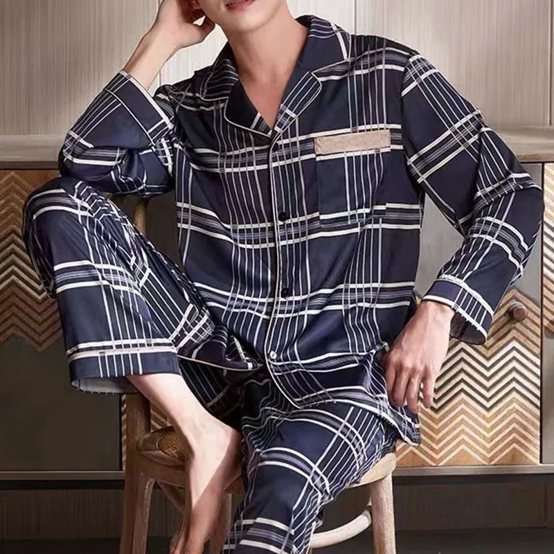 New Arrival Man Pajama Cotton Lapel Long Sleeved Pants Plus - 图0